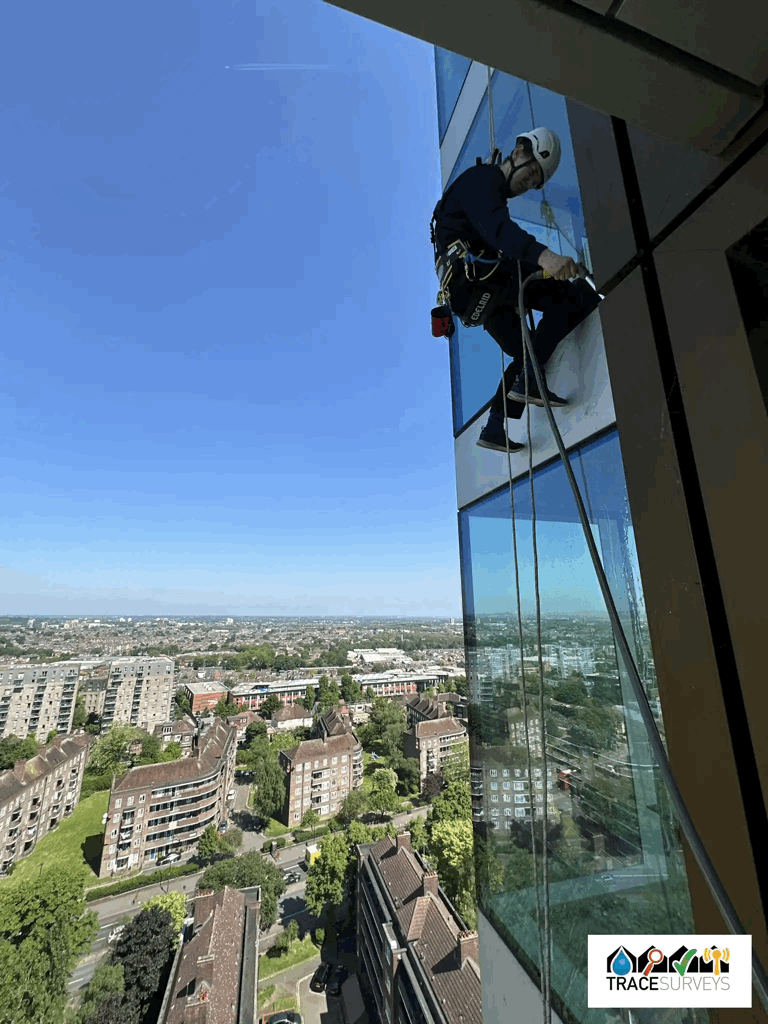 Rope access technician in helmet abseils down a glass-clad high-rise facade overlooking a cityscape