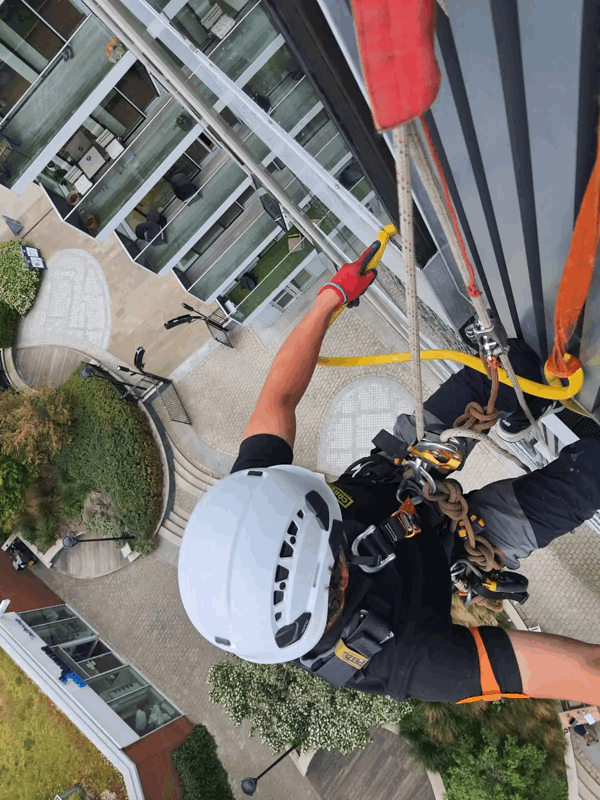Rope access technician in helmet and harness inspects building cladding while descending a high-rise facade