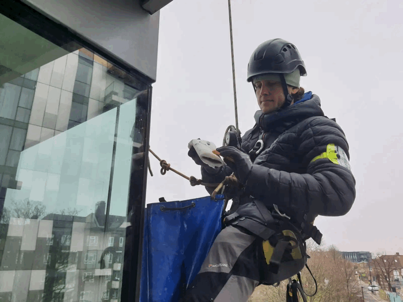 Rope access technician in helmet and harness inspects glass cladding panel on a high-rise building facade