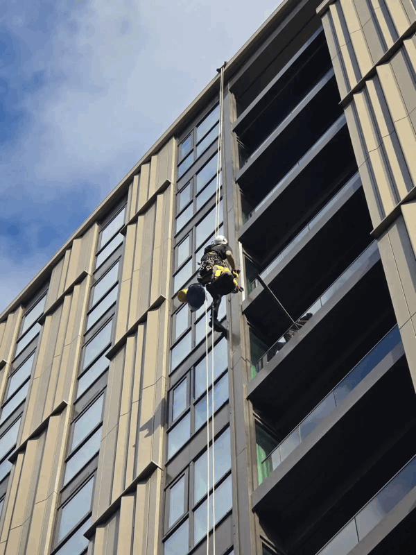 Rope access technician inspects tan panel cladding on a high-rise building facade against a blue sky