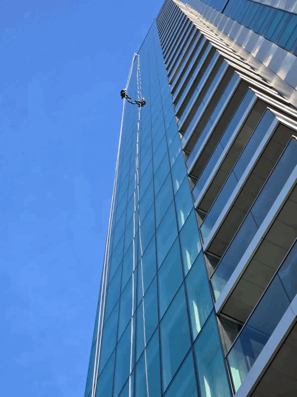 Two rope access technicians descend the glass curtain wall of a skyscraper against a clear blue sky.