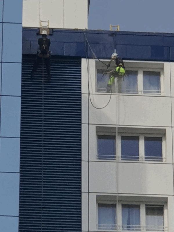 Two rope access technicians in harnesses inspect blue and white cladding panels on a high-rise building facade.